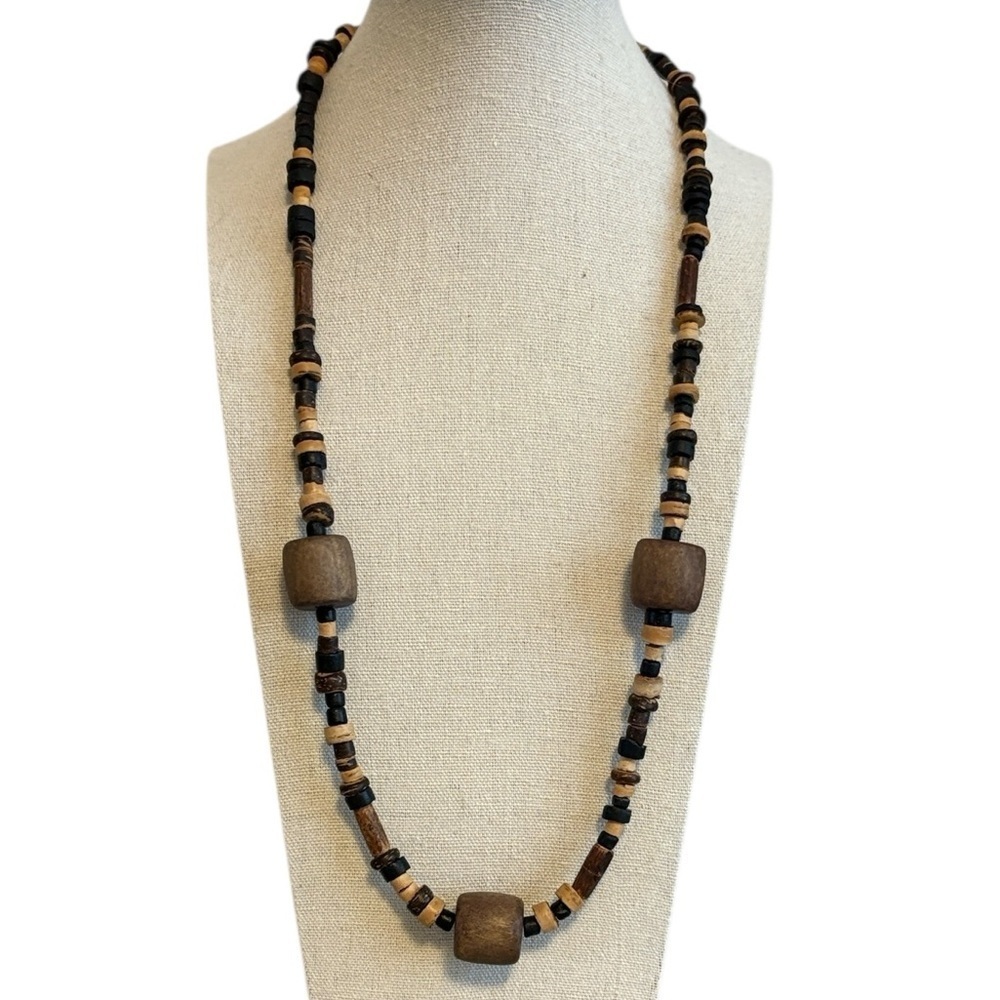 Multi Tone Wooden Beaded Necklace Natural 24” Browns and Tans